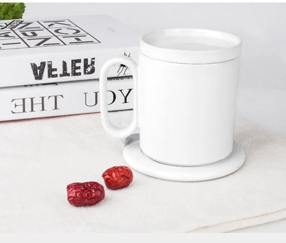 Wireless charging warm cup with porcelain mug on USB-powered coaster in black or white