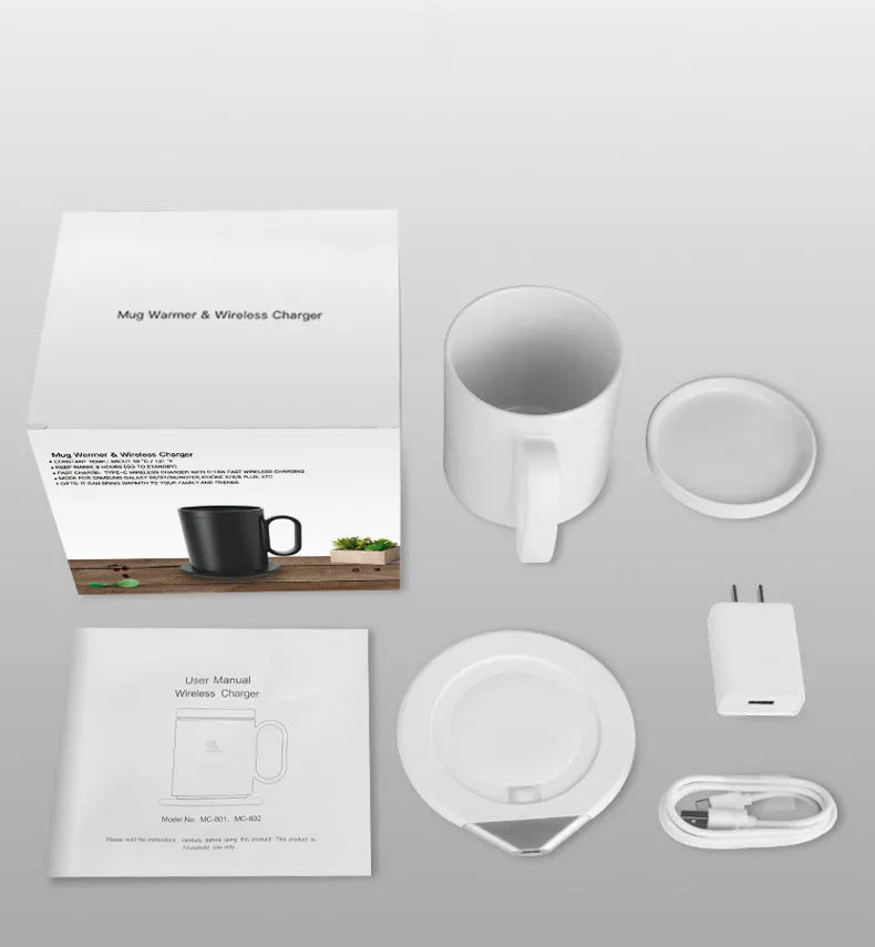Wireless charging warm cup with porcelain mug on USB-powered coaster in black or white