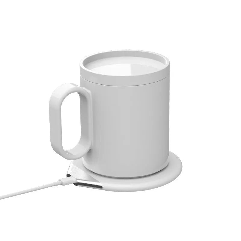 Wireless charging warm cup with porcelain mug on USB-powered coaster in black or white