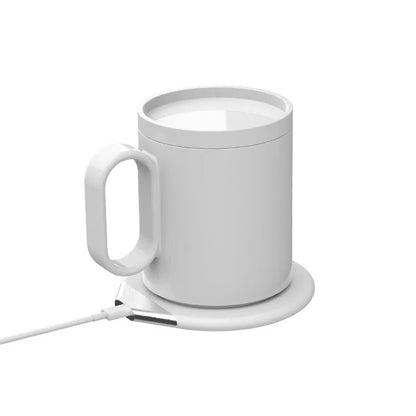 Wireless charging warm cup with porcelain mug on USB-powered coaster in black or white