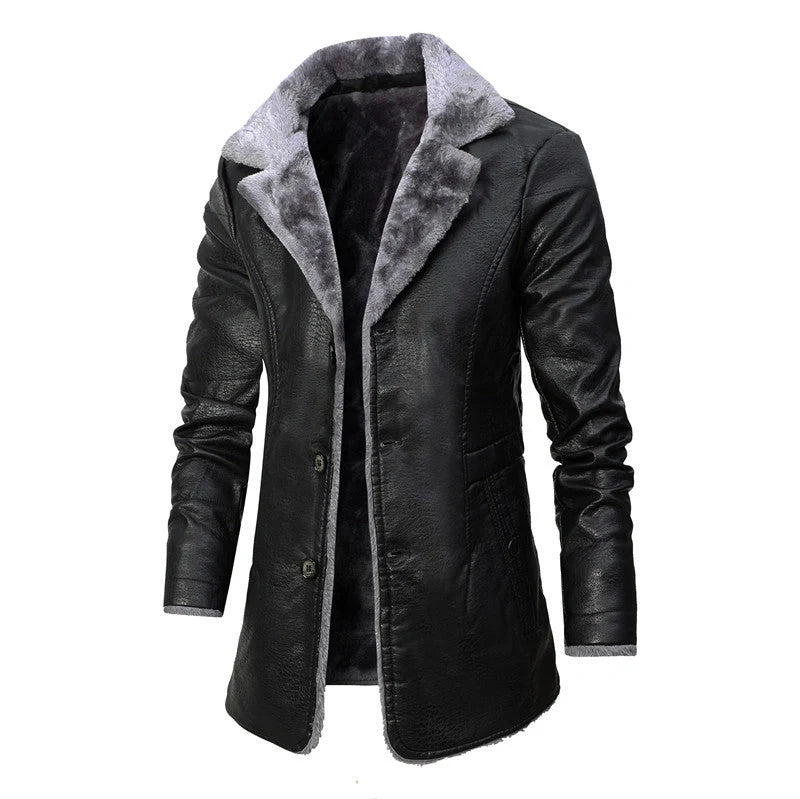 Premium leather jacket with plush lapel, fleece lining, and single-breasted closure for men's winter wear