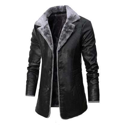 Premium leather jacket with plush lapel, fleece lining, and single-breasted closure for men's winter wear
