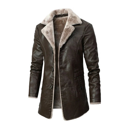 Premium leather jacket with plush lapel, fleece lining, and single-breasted closure for men's winter wear