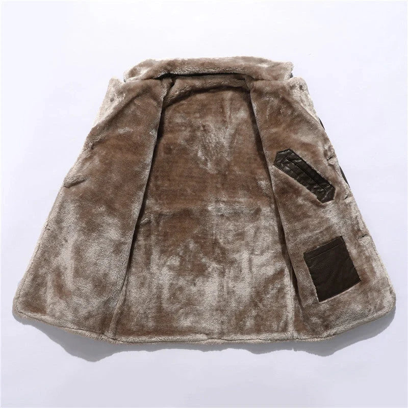 Premium leather jacket with plush lapel, fleece lining, and single-breasted closure for men's winter wear