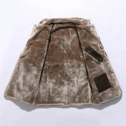 Premium leather jacket with plush lapel, fleece lining, and single-breasted closure for men's winter wear