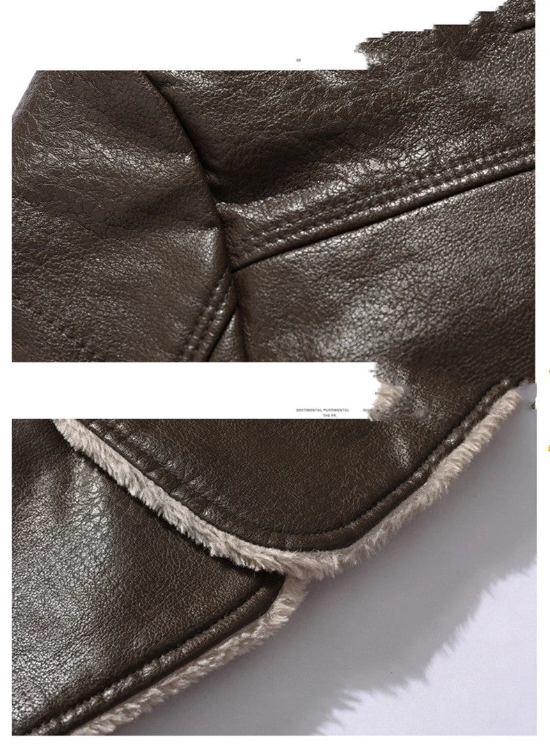 Premium leather jacket with plush lapel, fleece lining, and single-breasted closure for men's winter wear