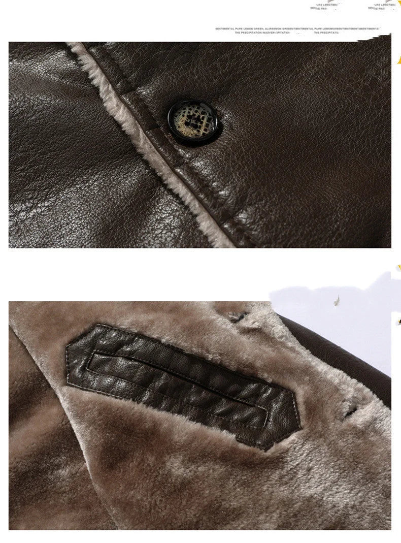 Premium leather jacket with plush lapel, fleece lining, and single-breasted closure for men's winter wear