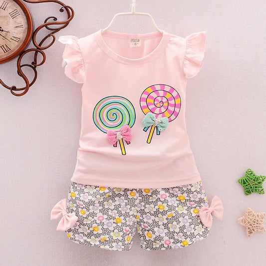 Korean-style cotton two-piece set for girls with sleeveless top and shorts in flying sleeve lollipop colours