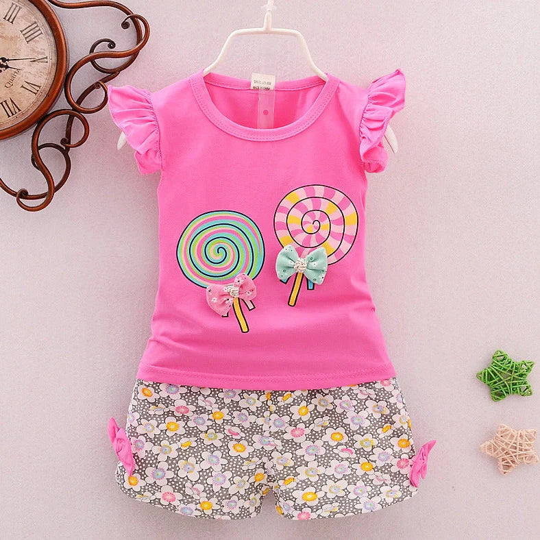Korean-style cotton two-piece set for girls with sleeveless top and shorts in flying sleeve lollipop colours