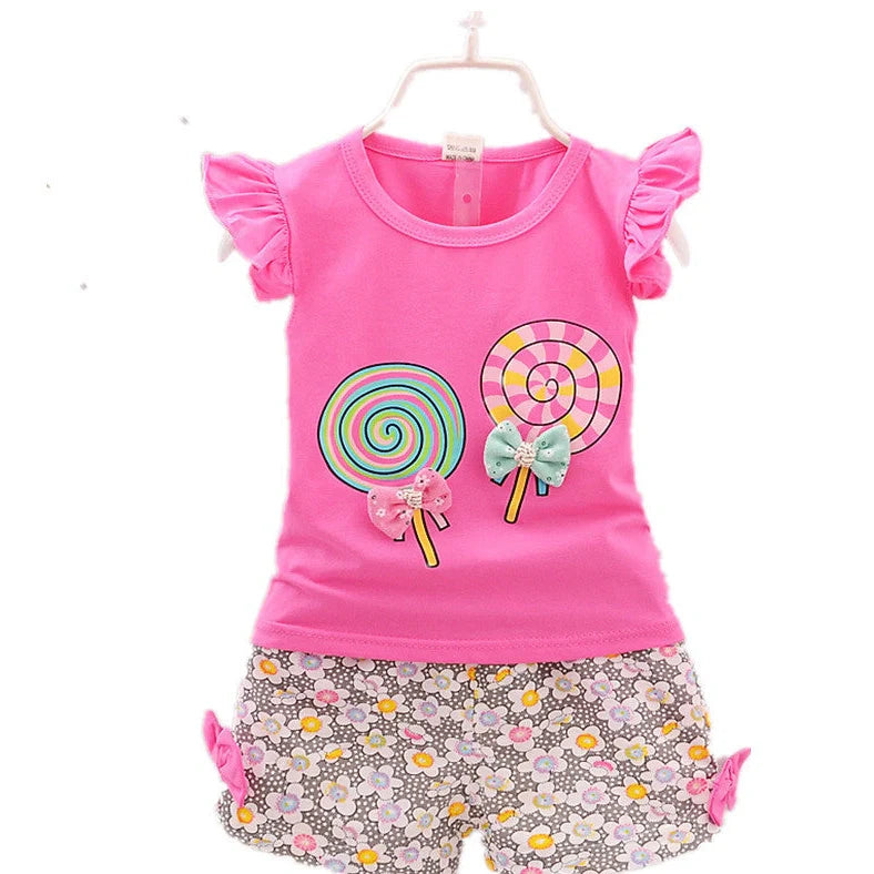 Korean-style cotton two-piece set for girls with sleeveless top and shorts in flying sleeve lollipop colours
