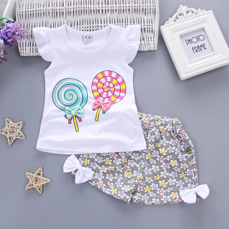 Korean-style cotton two-piece set for girls with sleeveless top and shorts in flying sleeve lollipop colours