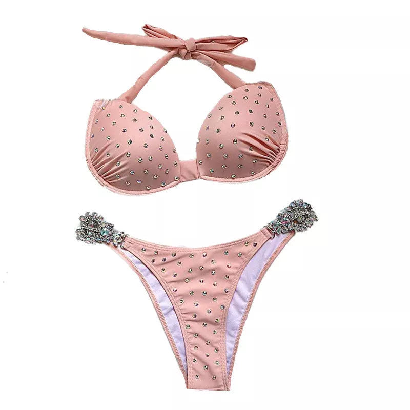 Crystal Diamond Bikini in pink with triangle strap and steel support