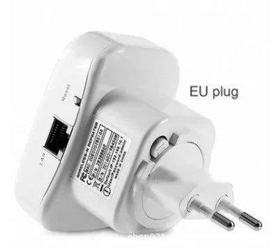 Black and white Wi-Fi repeater with UK plug, compact size 7.8x5x6cm, includes network cable
