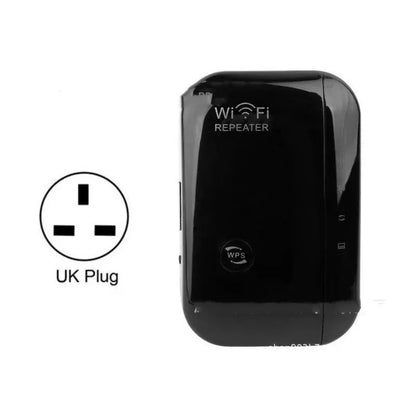 Black and white Wi-Fi repeater with UK plug, compact size 7.8x5x6cm, includes network cable
