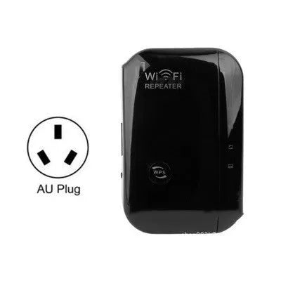 Black and white Wi-Fi repeater with UK plug, compact size 7.8x5x6cm, includes network cable