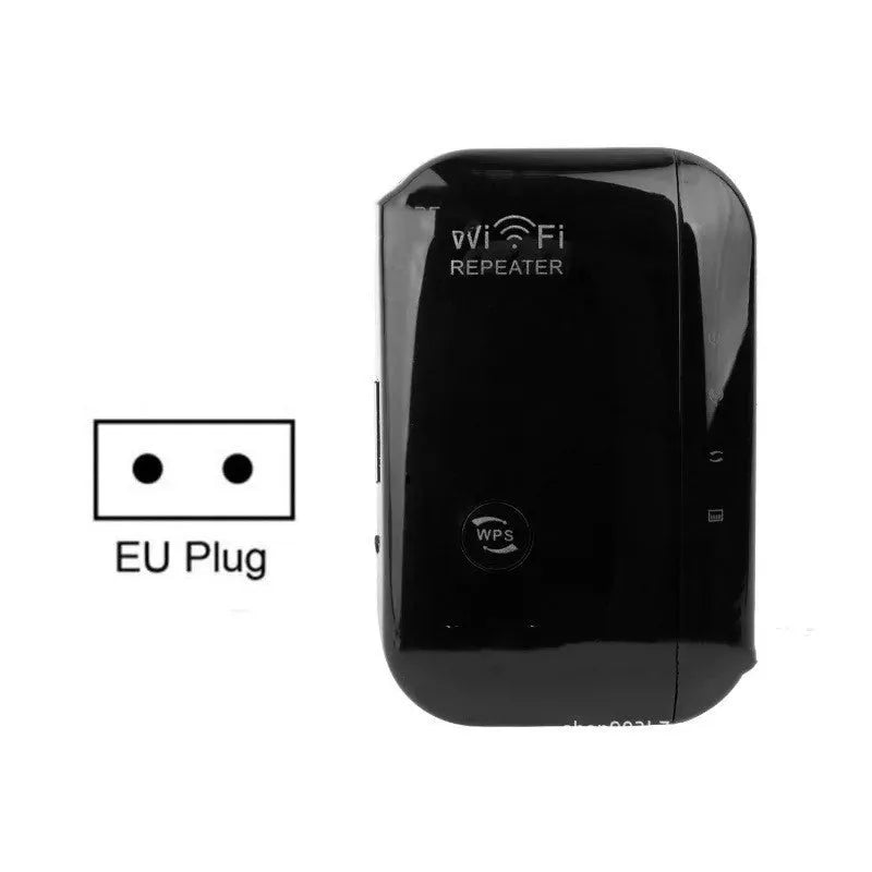 Black and white Wi-Fi repeater with UK plug, compact size 7.8x5x6cm, includes network cable