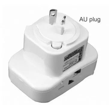 Black and white Wi-Fi repeater with UK plug, dimensions 7.8x5x6cm, includes network cable