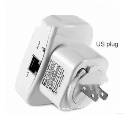 Black and white Wi-Fi repeater with UK plug, dimensions 7.8x5x6cm, includes network cable