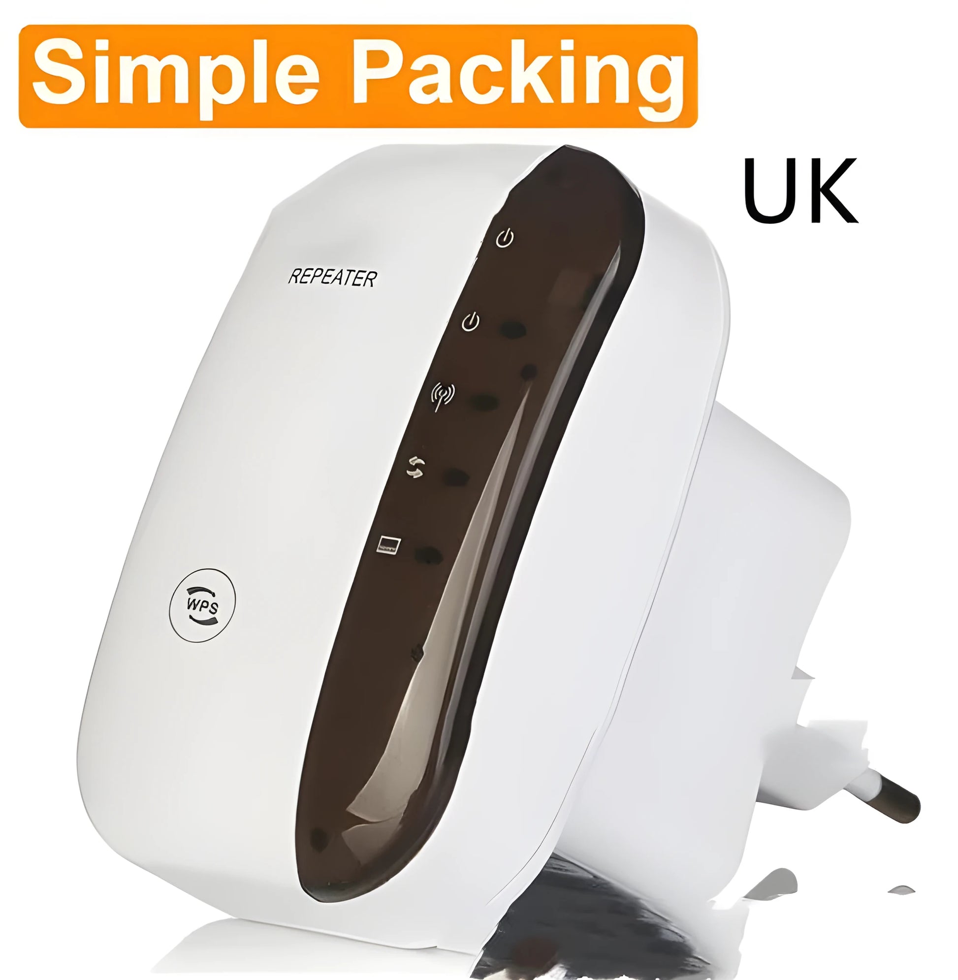Black and white Wi-Fi repeater with UK plug, dimensions 7.8x5x6cm, includes network cable