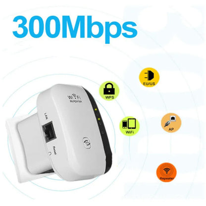 Black and white Wi-Fi repeater with UK plug, compact size 7.8x5x6cm, includes network cable