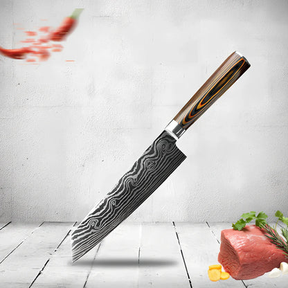 Laser pattern knife set with stainless steel chef, slicing, and fruit knives on a cutting board