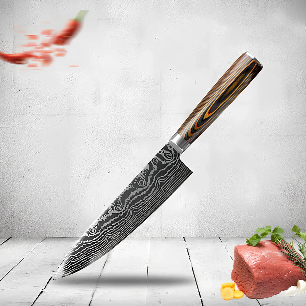 Laser pattern knife set with stainless steel chef, slicing, and fruit knives on a cutting board