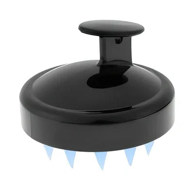 Black silicone shampoo brush with hook design measuring 8x8x7cm for scalp massage during hair washing