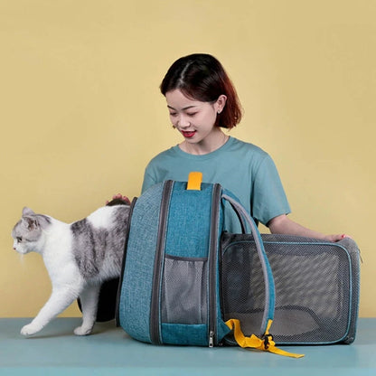 Foldable transparent mesh window pet backpack with inner safety leash in grey