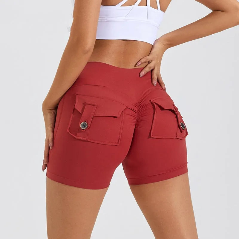 Women's high-waist fitness shorts with pockets in quick-dry nylon fabric