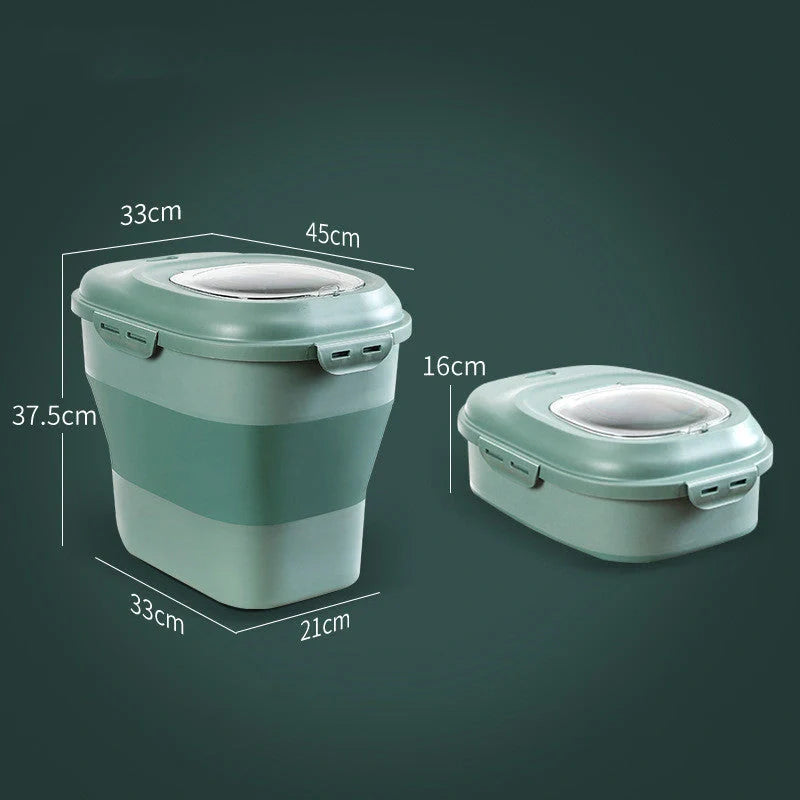 Foldable kitchen storage box for rice and flour, green color, sealed lid