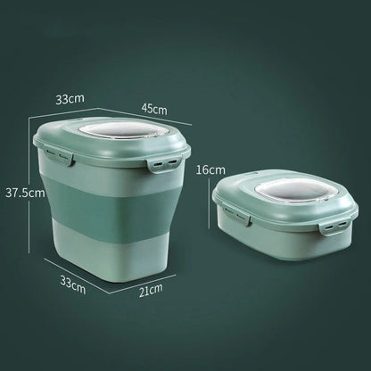 Foldable kitchen storage box for rice and flour, green color, sealed lid