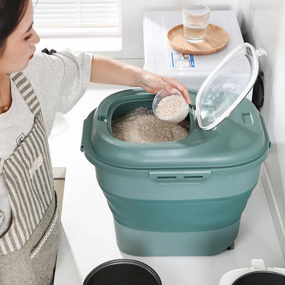 Foldable kitchen storage box for rice and flour, green color, sealed lid