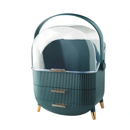 Light luxury cosmetic storage box in green ABS+PS with dustproof lid for skincare organisation