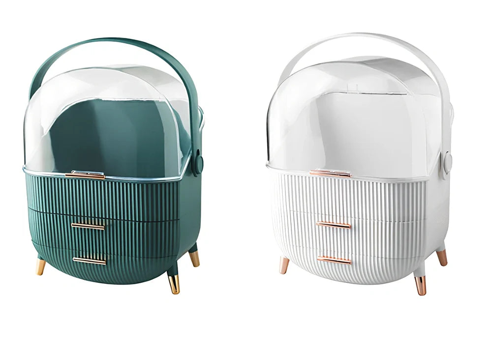 Light luxury cosmetic storage box in green ABS+PS with dustproof lid for skincare organisation