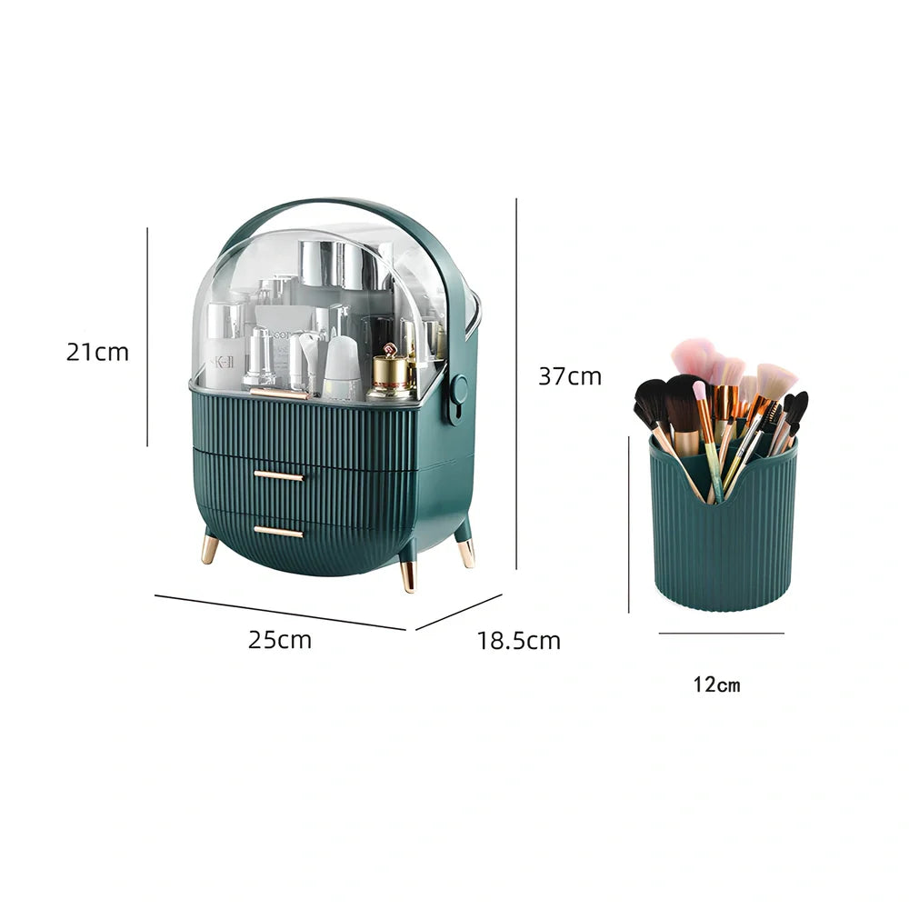 Light luxury cosmetic storage box in green ABS+PS with dustproof lid for skincare organisation