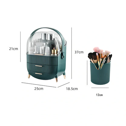 Light luxury cosmetic storage box in green ABS+PS with dustproof lid for skincare organisation