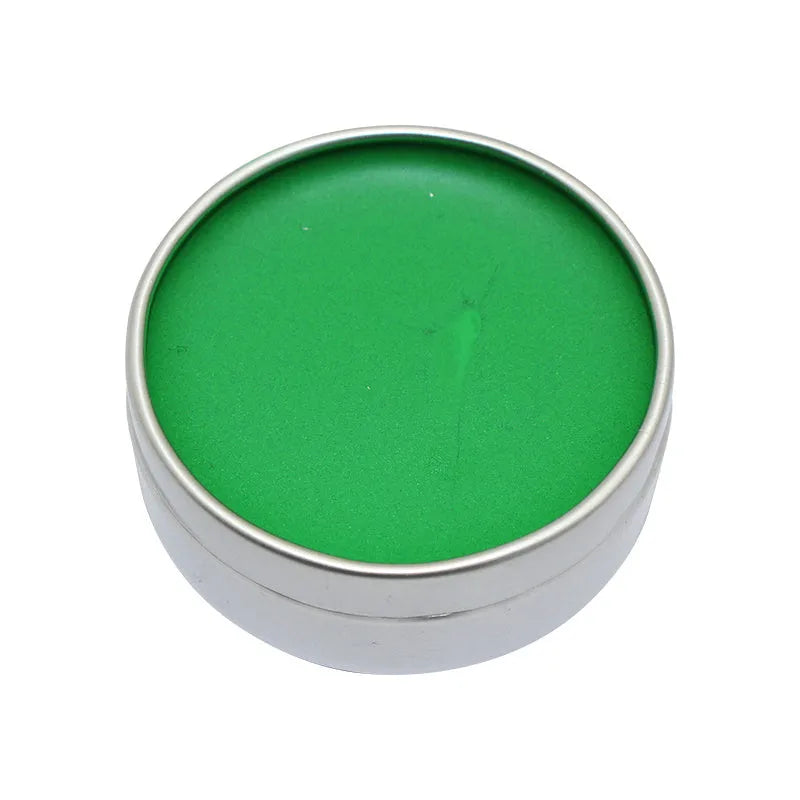 Set of 12 rectangular face paint cakes in assorted colours including black, red, gold, silver, blue, and green.