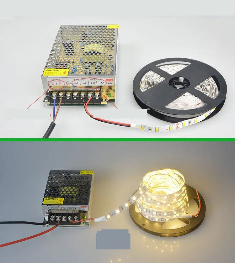 Close-up of flexible 12V LED light strip with 5050 SMD chips mounted on a white shelf.