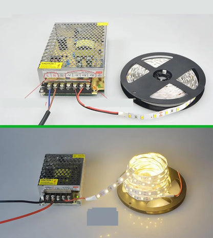 Close-up of flexible 12V LED light strip with 5050 SMD chips mounted on a white shelf.