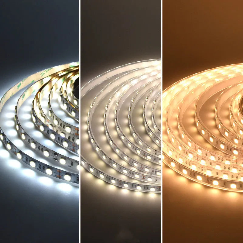 Close-up of a flexible white LED light strip with densely packed SMD chips, bent to show its flexibility.