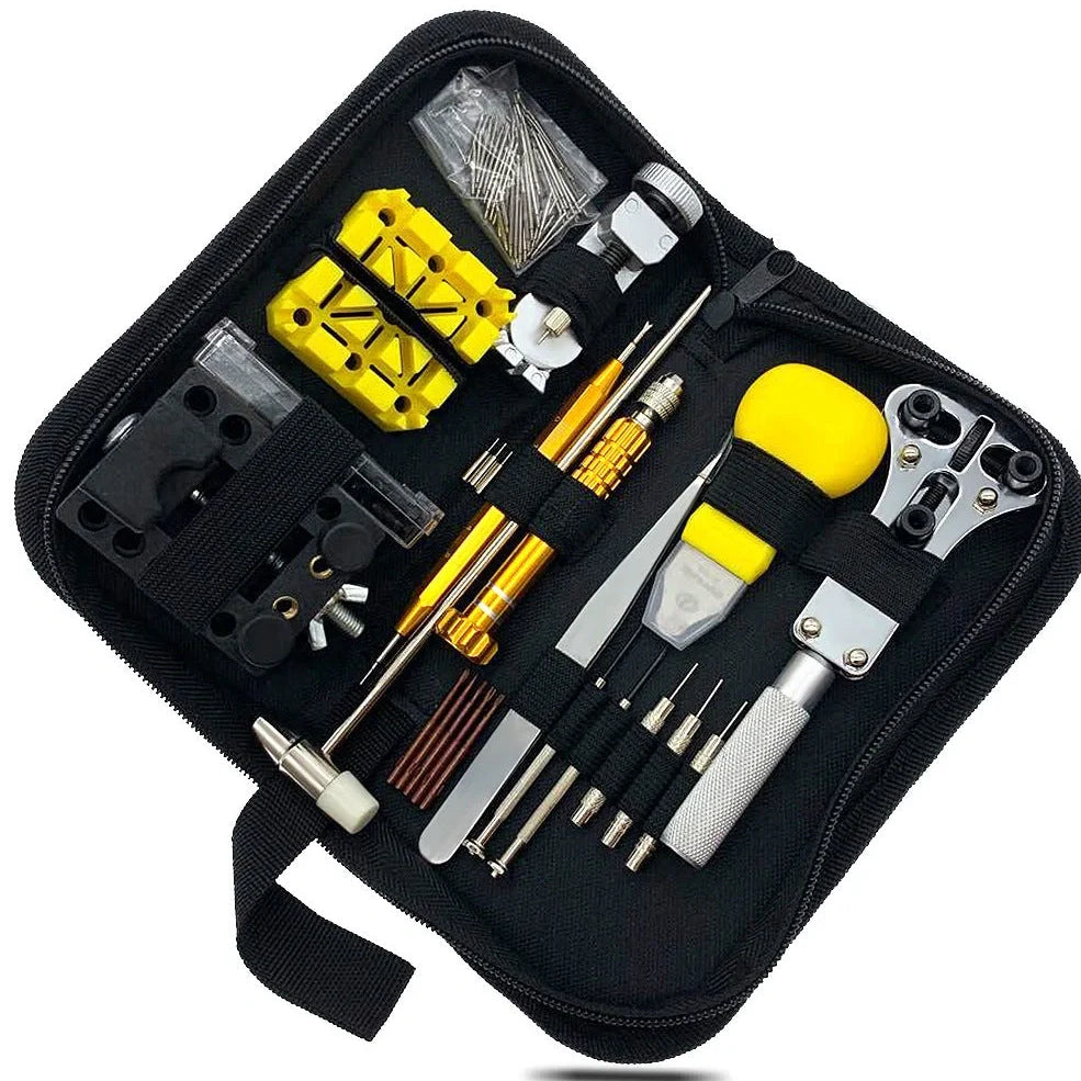 148-piece watch repair tool set with alloy steel tools in organised storage case