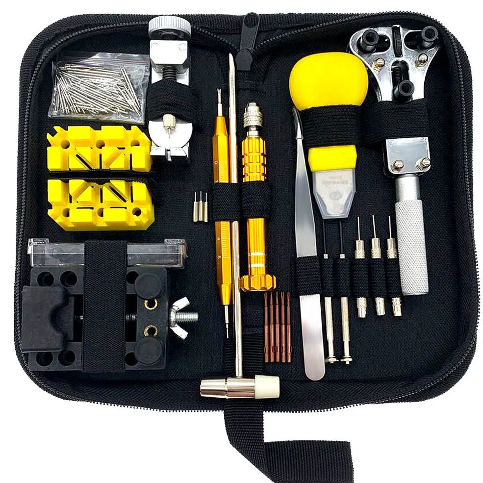 148-piece watch repair tool set with alloy steel tools in organised storage case