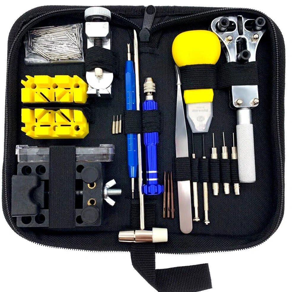 148-piece watch repair tool set with alloy steel tools in organised storage case