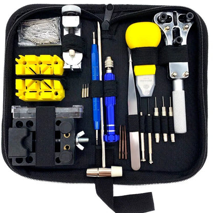 148-piece watch repair tool set with alloy steel tools in organised storage case