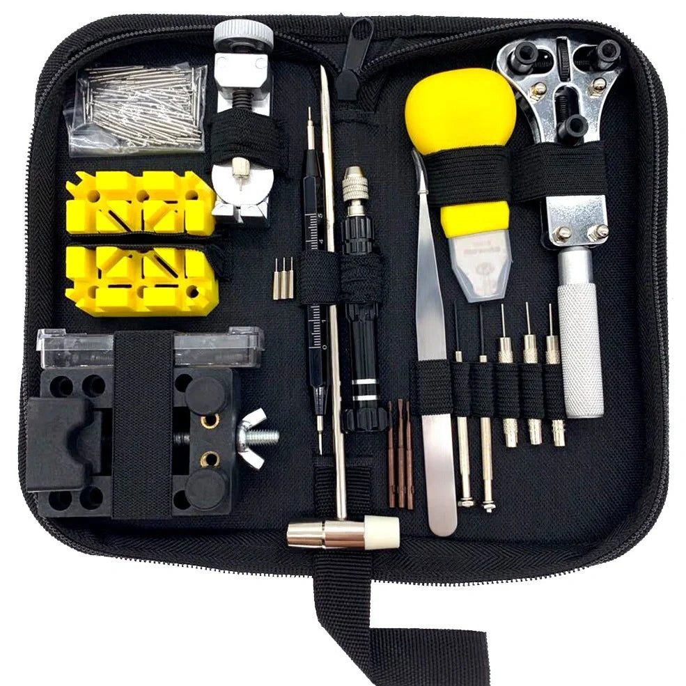148-piece watch repair tool set with alloy steel tools in organised storage case