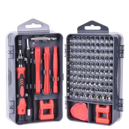 117-in-1 magnetic precision screwdriver set with flexible extension in black, blue, or red box.