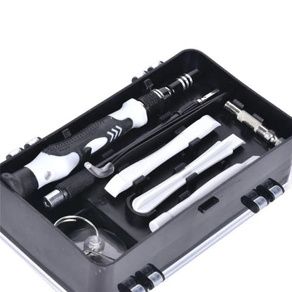 117-in-1 magnetic precision screwdriver set with flexible extension in black, blue, or red box.