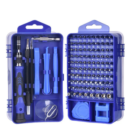 117-in-1 magnetic precision screwdriver set with flexible extension in black, blue, or red box.