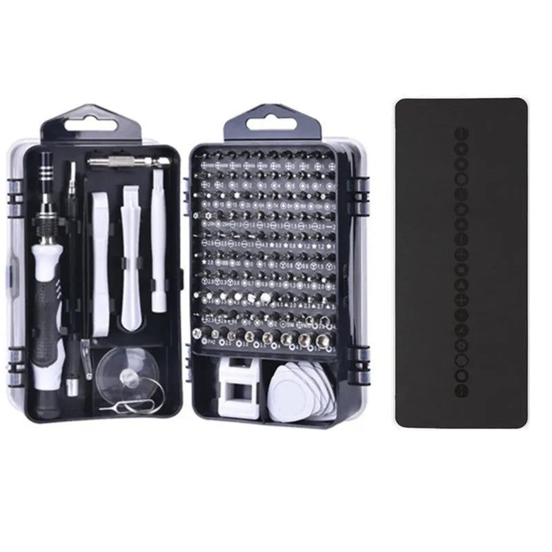 117-in-1 magnetic precision screwdriver set with flexible extension in black, blue, or red box.