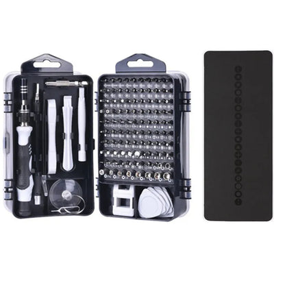 117-in-1 magnetic precision screwdriver set with flexible extension in black, blue, or red box.